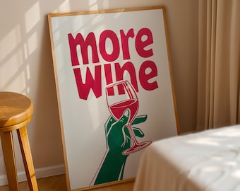 Retro More Wine Print, Modern Kitchen Wall Art, Aesthetic Kitchen Poster, Kitchen Print, Housewarming Gift, Wine Illustration Wall Art