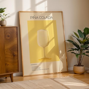 Pina Colada Cocktail Art Print, plakat ze sztuką koktajlową, plakat z drinkiem retro minimalistyczny, sztuka ścienna z koktajlem, dekoracja sztuki barowej, sztuka ścienna do kuchni