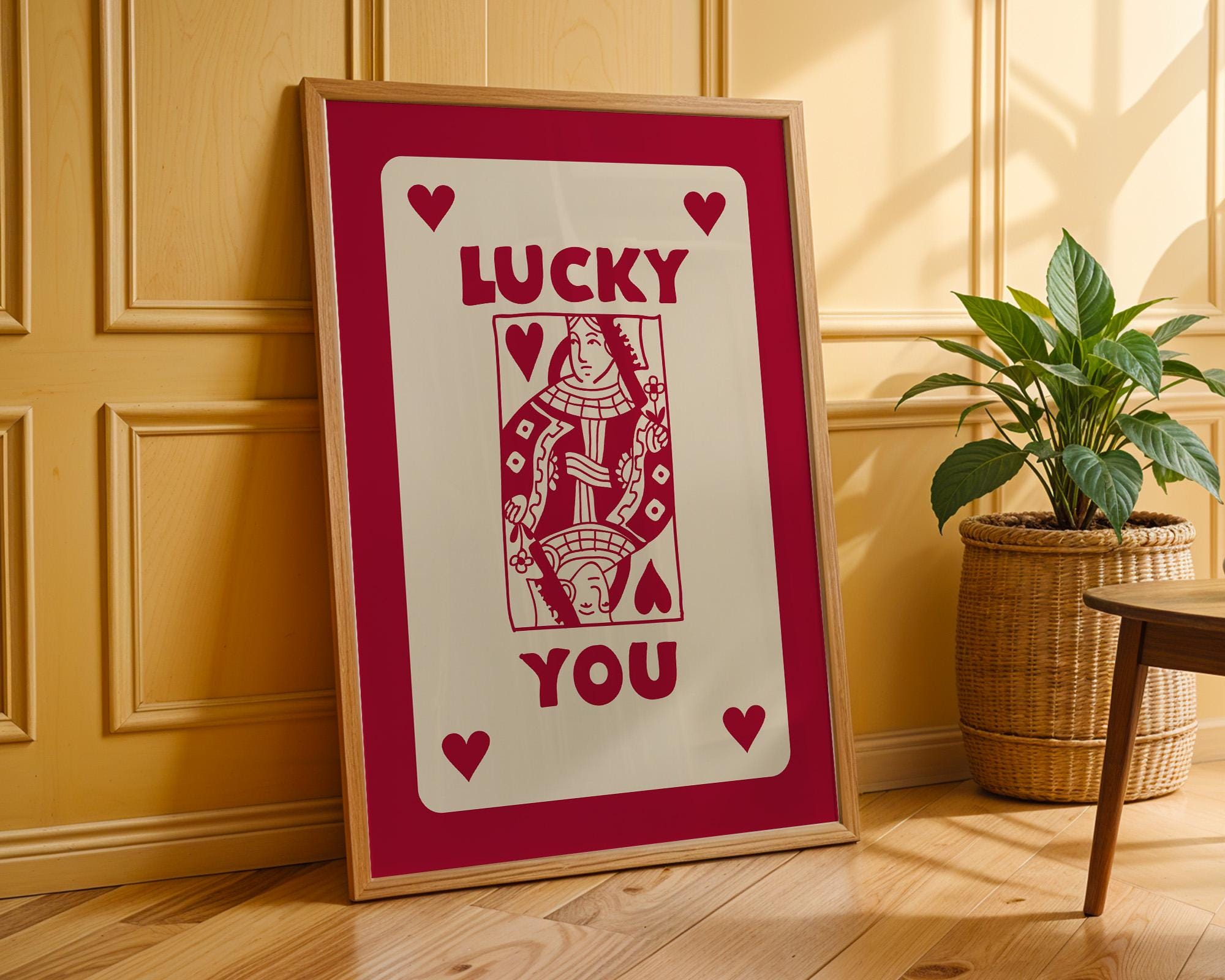 Lucky You Playing Card Poster, Trendy Retro Wall Art, Red Print