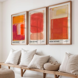 Conjunto de 3 láminas de Rothko, naranja, rojo y rosa, arte abstracto para pared de galería, juego de tres pósteres de arte vintage para exposiciones de museos, tríptico de Rothko
