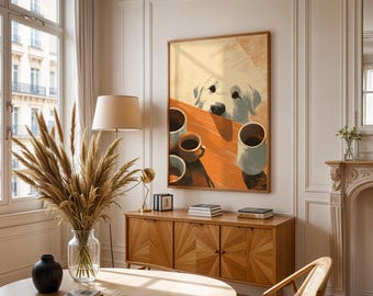 Dog and Coffee Illustration Wall Art, Cute Kitchen Decor Poster