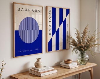 Blue Bauhaus Set of 2 Wall Art, Bauhaus Ausstellung Exhibition Art, Geometric Art Print, Minimalist Wall Decor, Mid Century Modern Wall Art