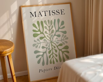 Cartel botánico verde de Matisse, arte de pared verde salvia de Henri Matisse, decoración de pared boho, papiers découpés, moderno de mediados de siglo, impresión de museo