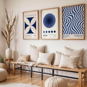 Set of 3 Blue Bauhaus Wall Art, Bauhaus Ausstellung Exhibition Art, Geometric Art Poster, Minimalist Wall Decor, Mid Century Modern Wall Art