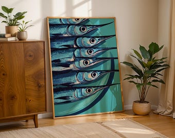 Sardinen Illustration Poster, Retro Fisch Druck, Große Küche Wand dekor, Küsten Feinschmecker Geschenk, Mediterrane Dekoration