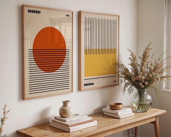 Set of 2 Bauhaus Print, Gallery Wall Art, Exhibition Poster, Geometric Circle Line Art, Mid Century Modern, Abstract Orange Decor, Gift Idea
