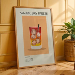 Malibu Bay Freeze Cocktail Art Print, plakat ze sztuką koktajlową, plakat z drinkiem retro minimalistyczny, sztuka ścienna z koktajlem, dekoracja sztuki barowej, sztuka ścienna do kuchni