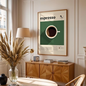 エスプレッソポスター、レトロなコーヒープリント、大きなキッチンウォールアート、ミッドセンチュリーモダン、ダークグリーンの装飾、ミニマリストカフェアート、コーヒーバーの装飾