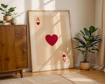 Ace of Hearts Card Art Print Poster, Vintage Print, Ace of Hearts Trendy Retro Print, Mid Century Modern Kitchen Wall Art, Bar Cart Art