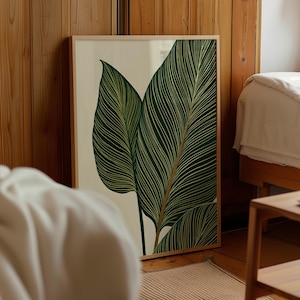 Tropisches Blättermotiv, großes grünes botanisches Wandbild, minimalistisches Pflanzenposter, Wanddekoration fürs Wohnzimmer, Geschenk für Naturliebhaber
