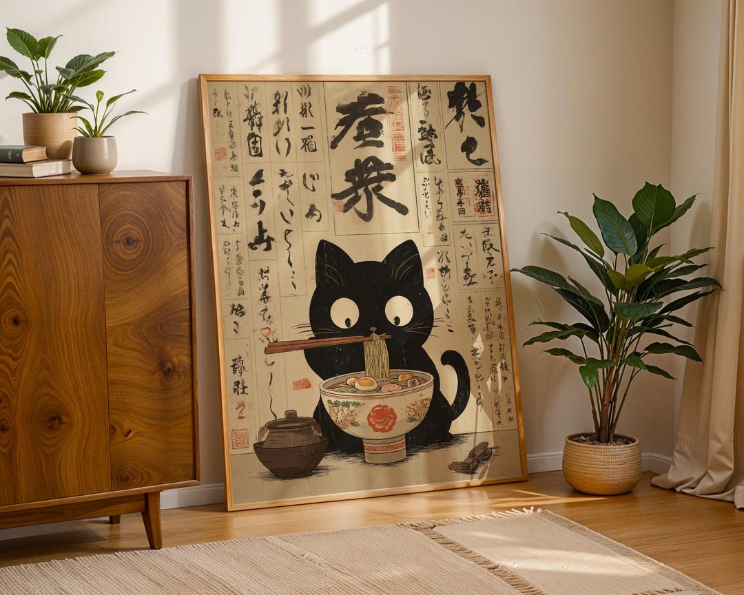 Cat Eating Ramen Poster, Japanese Ukiyo-e Wall Art, Funny Kitchen Decor ...