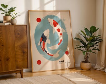 Japanese Koi Fish Print, Japanese Art Print, Japanese Vintage Wall Art, Japandi Poster, Retro Wall Decor, Gallery Wall Art,Housewarming Gift