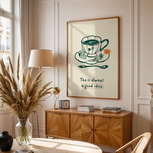 Poster 'Thee is altijd een goed idee', vintage theekopje print, grote muurdecoratie voor de keuken, cadeau voor theeliefhebbers, retro café decoratie, gezellige woondecoratie