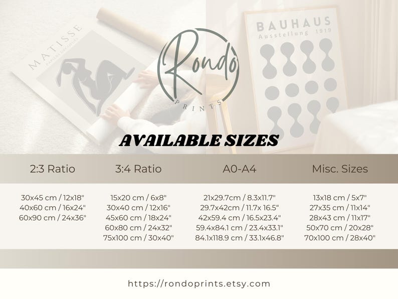 The image is a collection of various print sizes available from Rondo Prints, including 2x3, 3x4, and AO-A4 sizes, as well as miscellaneous sizes.