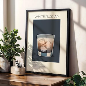 Biały rosyjski koktajl sztuka druku, koktajl sztuka plakat, retro drink plakat minimalistyczny, koktajl sztuka ścienna, bar sztuka wystrój, kuchnia sztuka ścienna