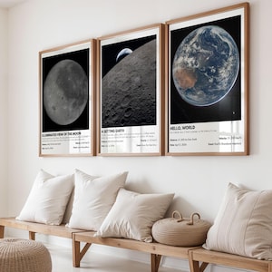 Peut inclure: Trois impressions encadrées avec des images de la lune et de la Terre. La première montre la vue illuminée de la lune. La deuxième montre une Terre en train de se coucher. La troisième dit "Hello, World" et montre la Terre. Les impressions sont dans des cadres en bois.