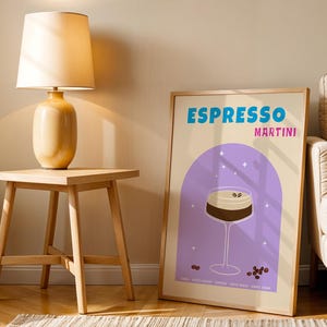 Impresión de cóctel Espresso Martini, póster de cócteles, póster minimalista de bebidas retro, arte mural de cócteles, decoración de bar, arte mural de cocina