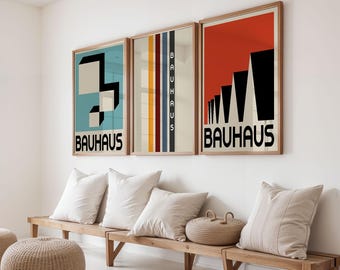 Juego de 3 pósteres Bauhaus, impresiones de arte geométrico moderno, pósteres de la exposición Bauhaus, decoración de pared minimalista, arte mural moderno de mediados de siglo