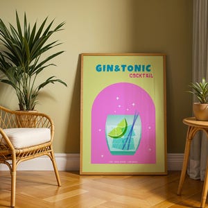 Impresión de cóctel gin tonic, póster de cóctel, póster minimalista de bebida retro, arte mural de cócteles, decoración de bar, arte mural de cocina