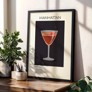 Manhattan Cocktail Art Print, plakat z koktajlem, plakat z drinkiem retro minimalistyczny, sztuka ścienna z koktajlem, dekoracja artystyczna baru, sztuka ścienna do kuchni