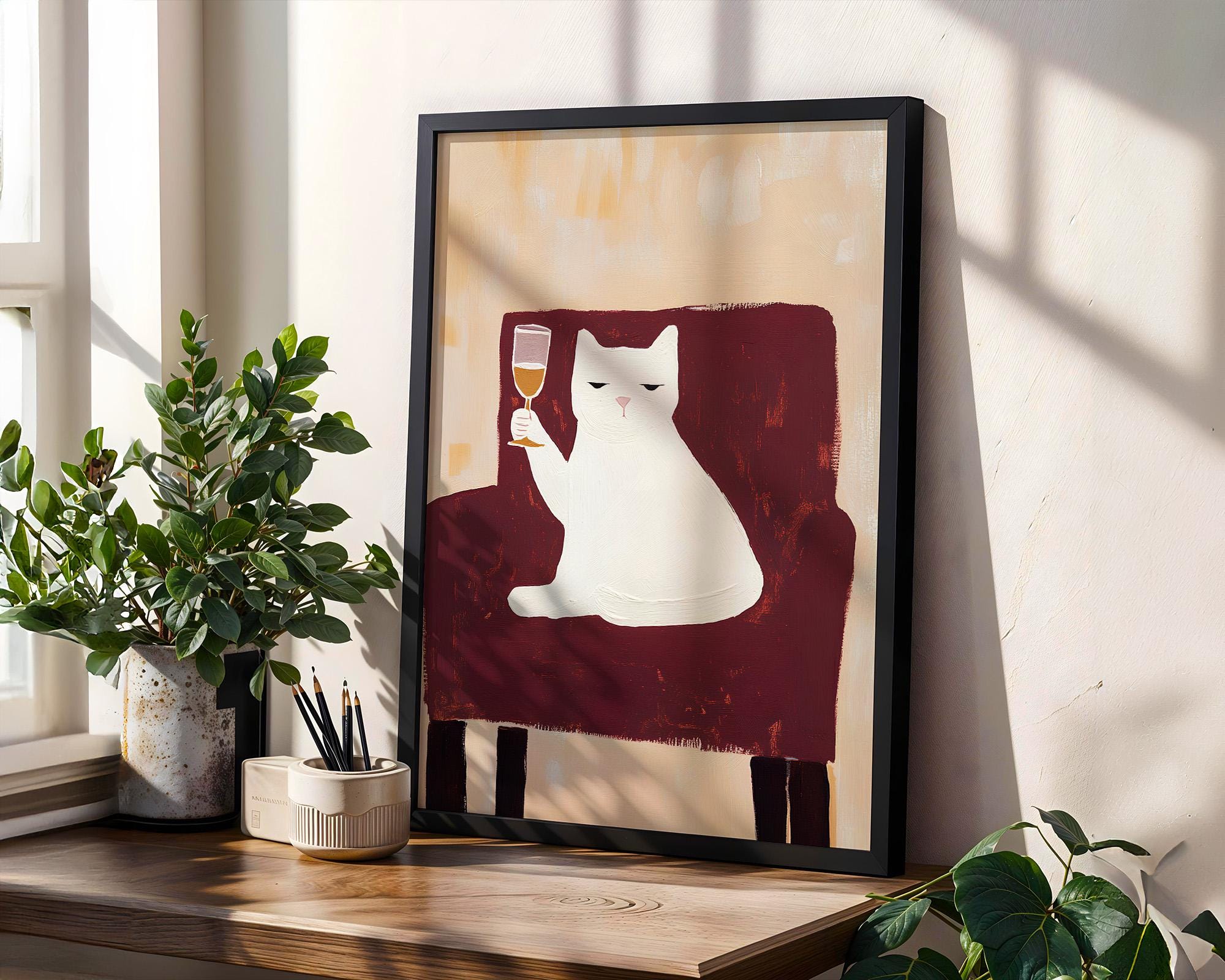 Funny Cat With Wine Poster, White Cat Illustration, Large Wall Art ...