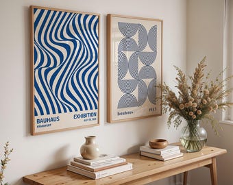 Blue Bauhaus Set of 2 Wall Art, Bauhaus Ausstellung Exhibition Art, Geometric Art Print, Minimalist Wall Decor, Mid Century Modern Wall Art