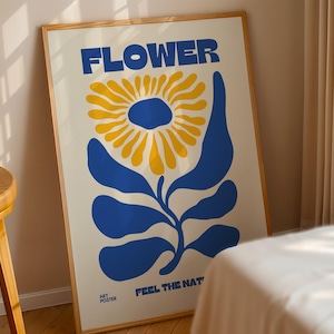 Impressão de mercado de flores azul-amarelo, impressão de arte de parede botânica, pôster de mercado de flores, pôster de arte floral moderna, decoração de sala de estar, parede do quarto