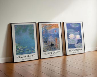 Set of 3 Claude Monet Posters, Water Lilies Exhibition Prints, Famous Impressionist Paintings, Monet Print, Gallery Wall Art Set, Blue Decor