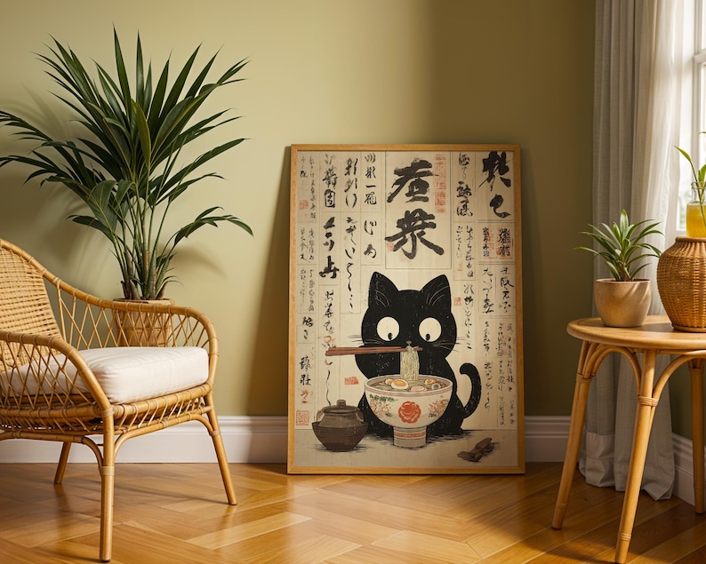 Cat Eating Ramen Poster, Japanese Ukiyo-e Wall Art, Funny Kitchen Decor ...