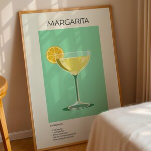 Wydruk artystyczny koktajlu Margarita, plakat artystyczny koktajlowy, plakat retro drinka minimalistyczny, sztuka ścienna koktajlowa, dekoracja artystyczna baru, sztuka ścienna do kuchni