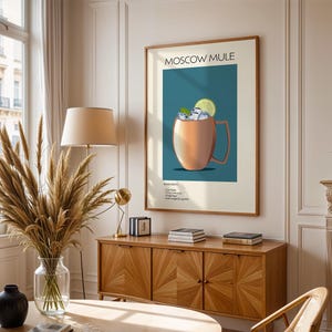 Moscow Mule Cocktail Art Print, plakat ze sztuką koktajlową, plakat z drinkiem retro minimalistyczny, sztuka ścienna z koktajlem, dekoracja artystyczna baru, sztuka ścienna do kuchni