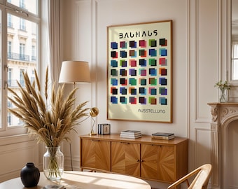 Bauhaus Colorful Squares Print, Retro Exhibition Poster, Mid Century Modern Print, Geometric Grid Art, Minimalist Wall Decor, Abstract Art