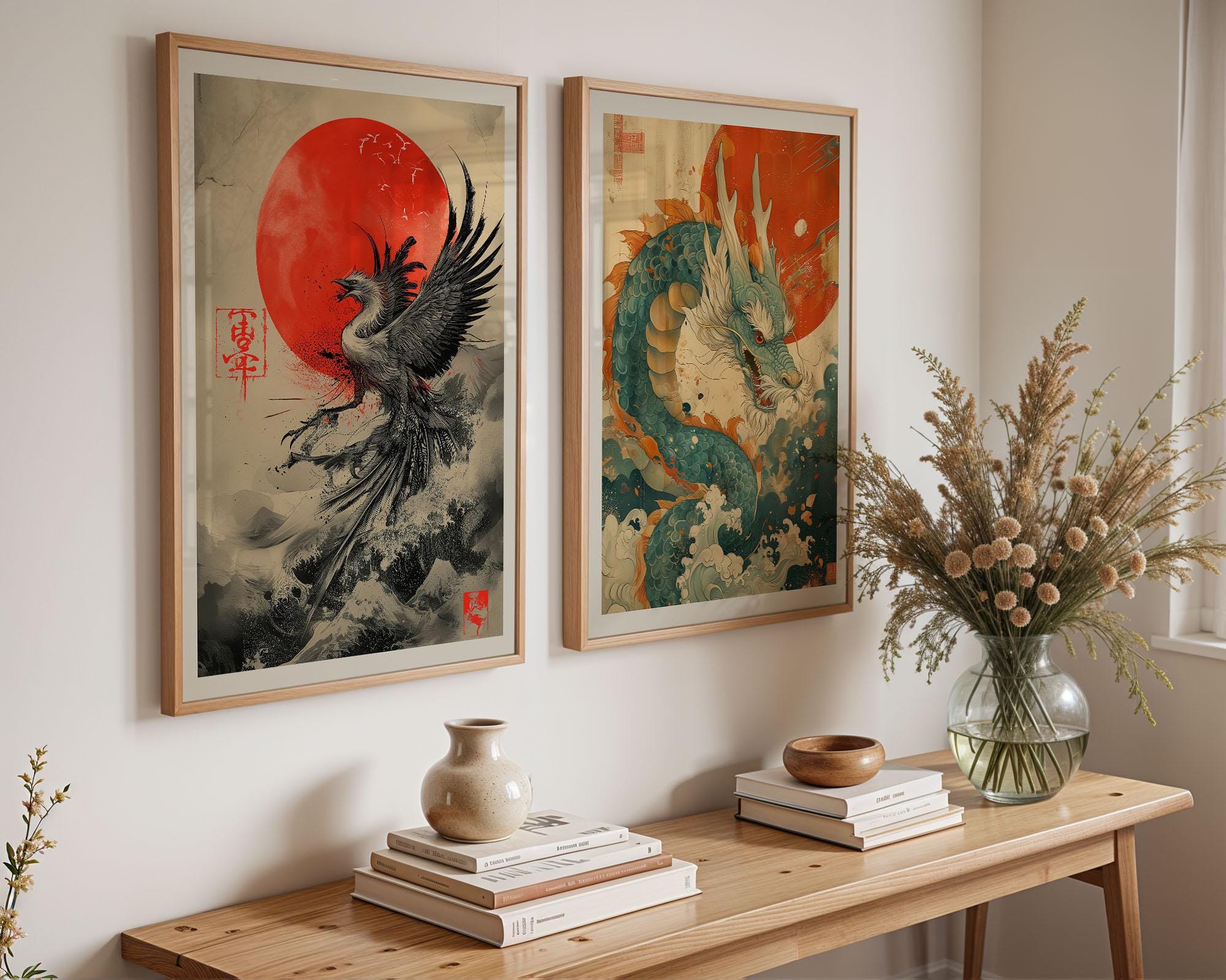 Set of 2 Phoenix and Dragon Print, Vintage Japanese Art, Japanese