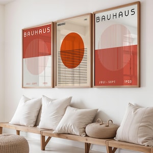 Bauhaus Red and Beige Set of 3 Wall Art, Bauhaus Poster Print Bundle, Geometric Art Print Set, Minimalist Wall Decor, Mid Century Modern Art