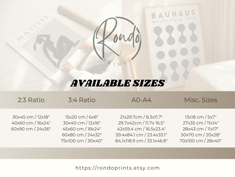 The image is a collection of various print sizes available from Rondo Prints, including 2x3, 3x4, and AO-A4 sizes, as well as miscellaneous sizes.