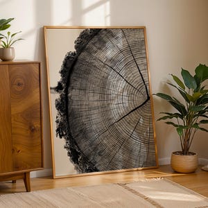 May include: A rectangular wall art piece featuring a high-contrast black and white photograph of a tree trunk cross-section. The image displays detailed growth rings and rough bark texture, encased in a thin, light-colored wooden frame.