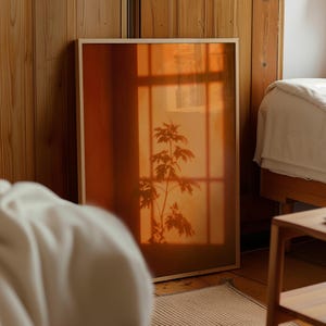 Plant Sunset Wall Art, Orange Warm Moody Interior Palm Silhouette Poster, Retro Nature Print, Bedroom Wall Decor, Housewarming Gift,Home Art