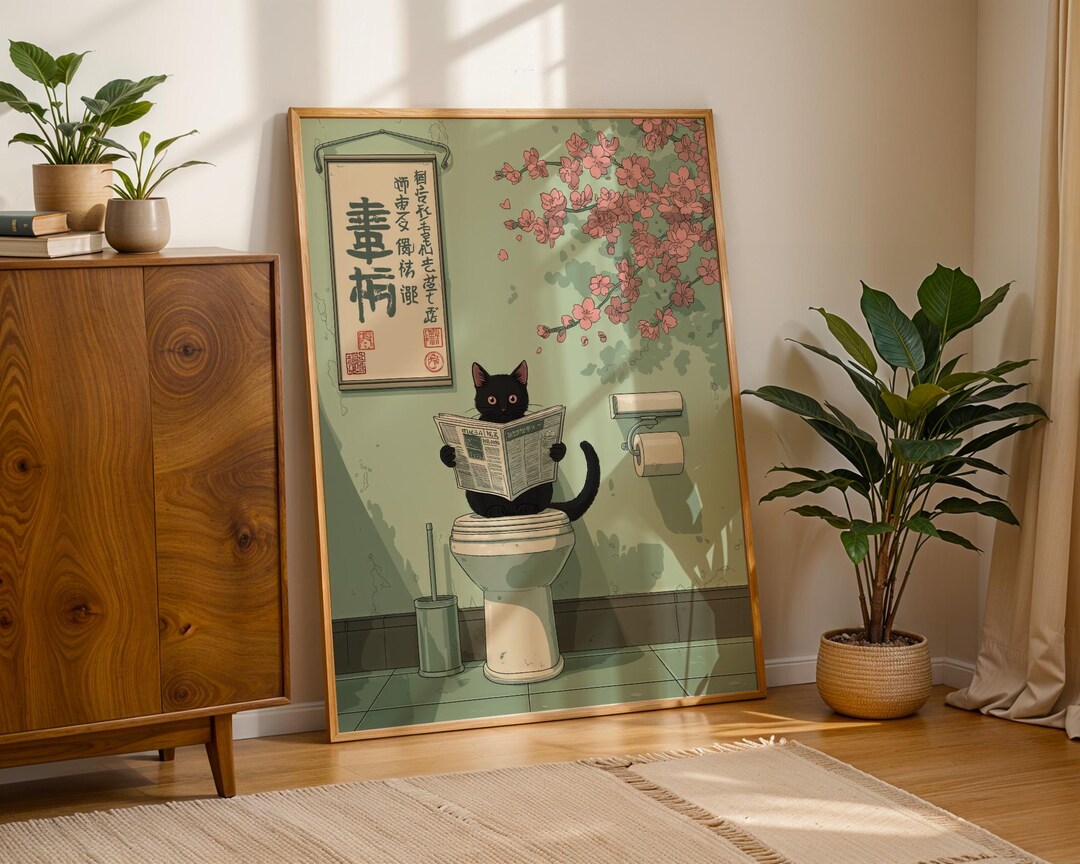 Black Cat on Toilet Print, Funny Bathroom Art, Japanese Ukiyo-e Style ...