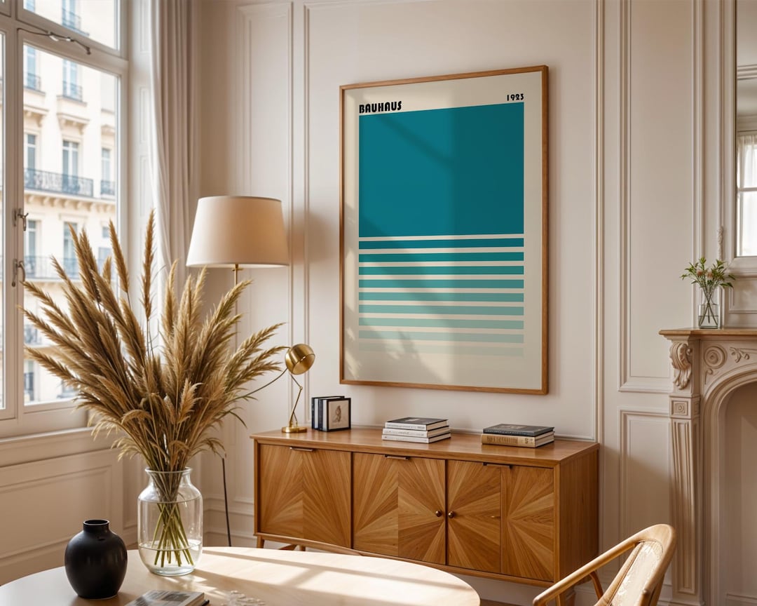 Bauhaus Teal Geometric Poster, Blue Abstract Lines Wall Art, Minimalist ...