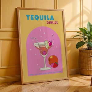 Impresión de cóctel Tequila Sunrise, póster de cócteles, póster minimalista de bebidas retro, arte mural de cócteles, decoración de bar, arte mural de cocina