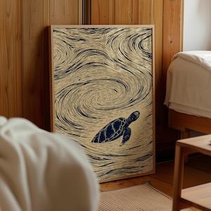 May include: A rectangular framed wall art print featuring a dark navy blue sea turtle swimming through swirling, textured currents. The background consists of a light cream color with intricate, flowing dark navy blue lines that create a dynamic, vortex-like pattern across the entire surface of the print.