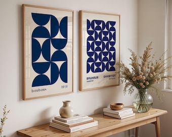 Conjunto de 2 piezas de arte mural Bauhaus azul, arte de exposición Bauhaus, impresión geométrica, decoración minimalista, arte mural moderno de mediados de siglo, póster artístico