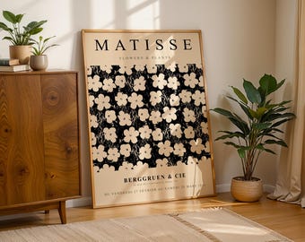 Matisse Black & White Floral Poster, Berggruen Cie Exhibition Art, Minimalist Scandi Wall Decor, Modern Pattern Print