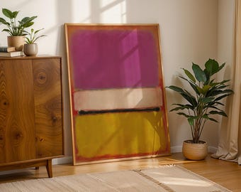 Puede incluir: Una gran obra de arte mural rectangular enmarcada que presenta tres bloques de color horizontales distintos. La sección superior es de color magenta intenso, la central es de color crema pálido y la inferior es de color amarillo mostaza.