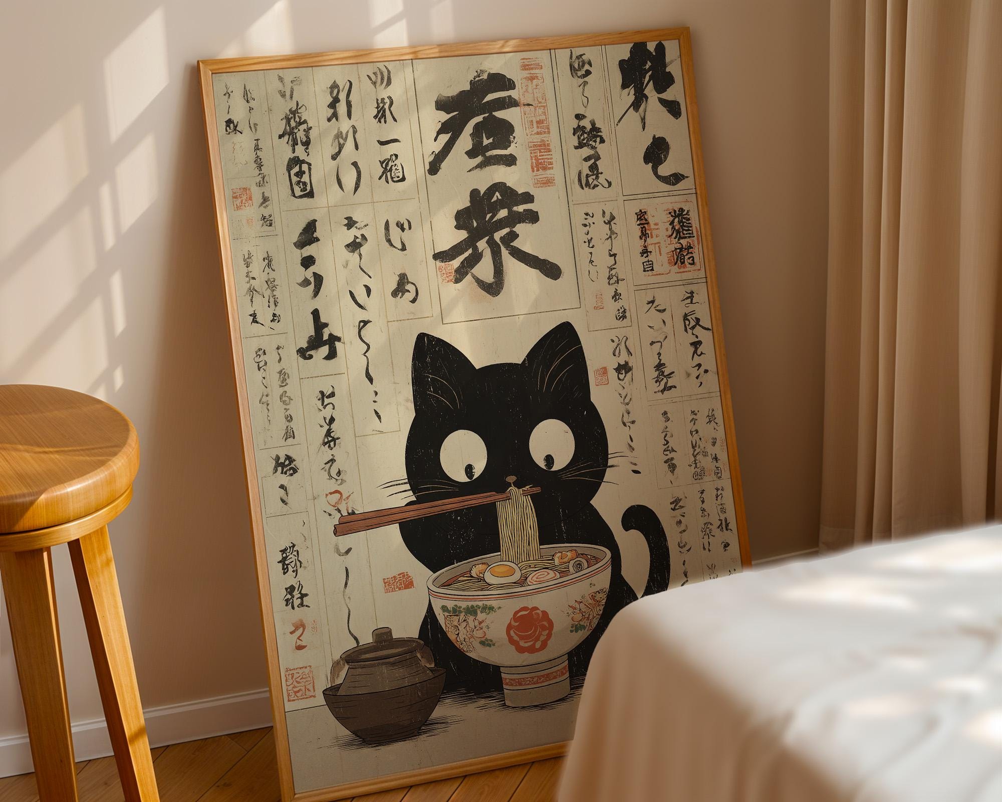 Cat Eating Ramen Poster, Japanese Ukiyo-e Wall Art, Funny Kitchen Decor ...