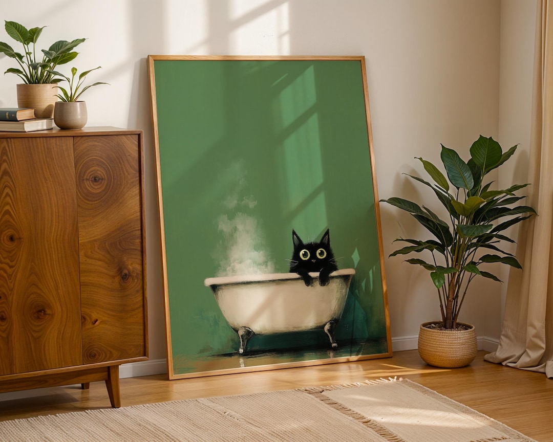 Cute Black Cat in Bathtub Poster, Funny Bathroom Wall Art, Whimsical ...