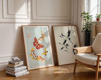 Set of 2 Japanese Art Posters, Crane Print, Koi Fish Wall Decor, Aesthetic Wall Art, Mid Century Modern, Japanese Decor, Poster Print Bundle