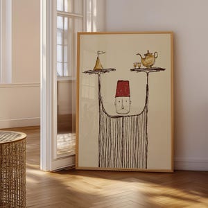 Può includere: Una stampa d'arte incorniciata con un disegno a linee di una figura che indossa un fez rosso. La figura ha le braccia lunghe e sottili sollevate, bilanciando un oggetto conico su una mano e una teiera con due tazzine sull'altra, su sfondo beige.