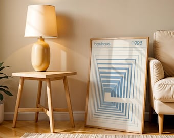 Ljusblå Bauhaus-linjeposter, Bauhaus-ausställning, utställningskonst, geometriskt konsttryck, minimalistisk väggdekor, modern väggkonst för mitten av århundradet