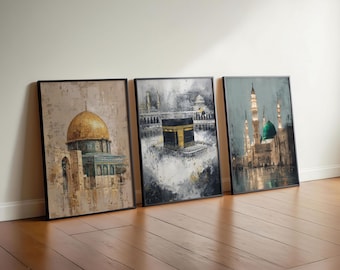 Holy Mosques Wall Art Set of 3, Mecca, Medina and Jerusalem Print, Kaaba & Dome of the Rock Poster, Islamic Home Decor, Painting Bundle